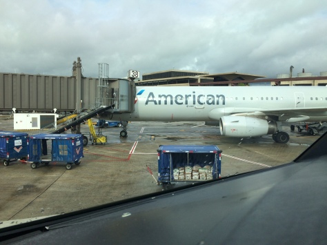 An adjacent American Airbus A321 parked at Newark